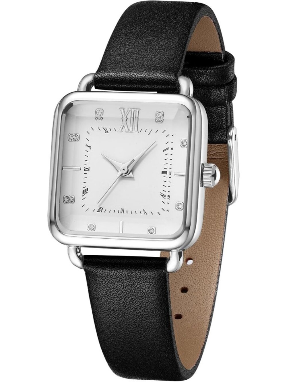 Women's White Square Dial Quartz Stainless Steel Case Leather Strap Wrist Watch